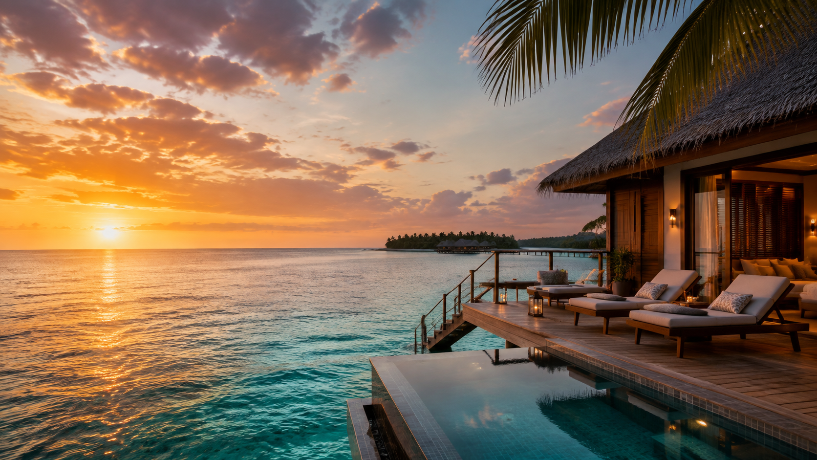 A luxury overwater villa in the Maldives at sunset